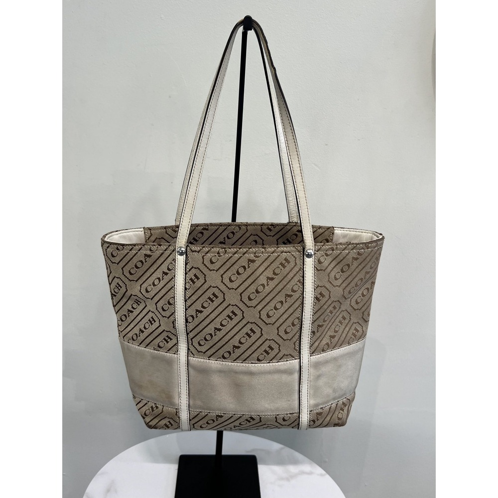 Coach Diagonal Logo Jacquard Cream White Leather Trim Small Tote Shoulder Bag